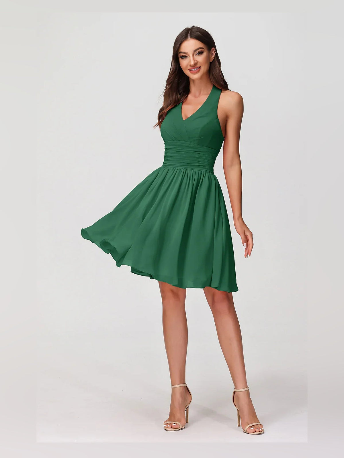 Dark green halter V-neck mini dress with gathered ruched bodice, chiffon A-line