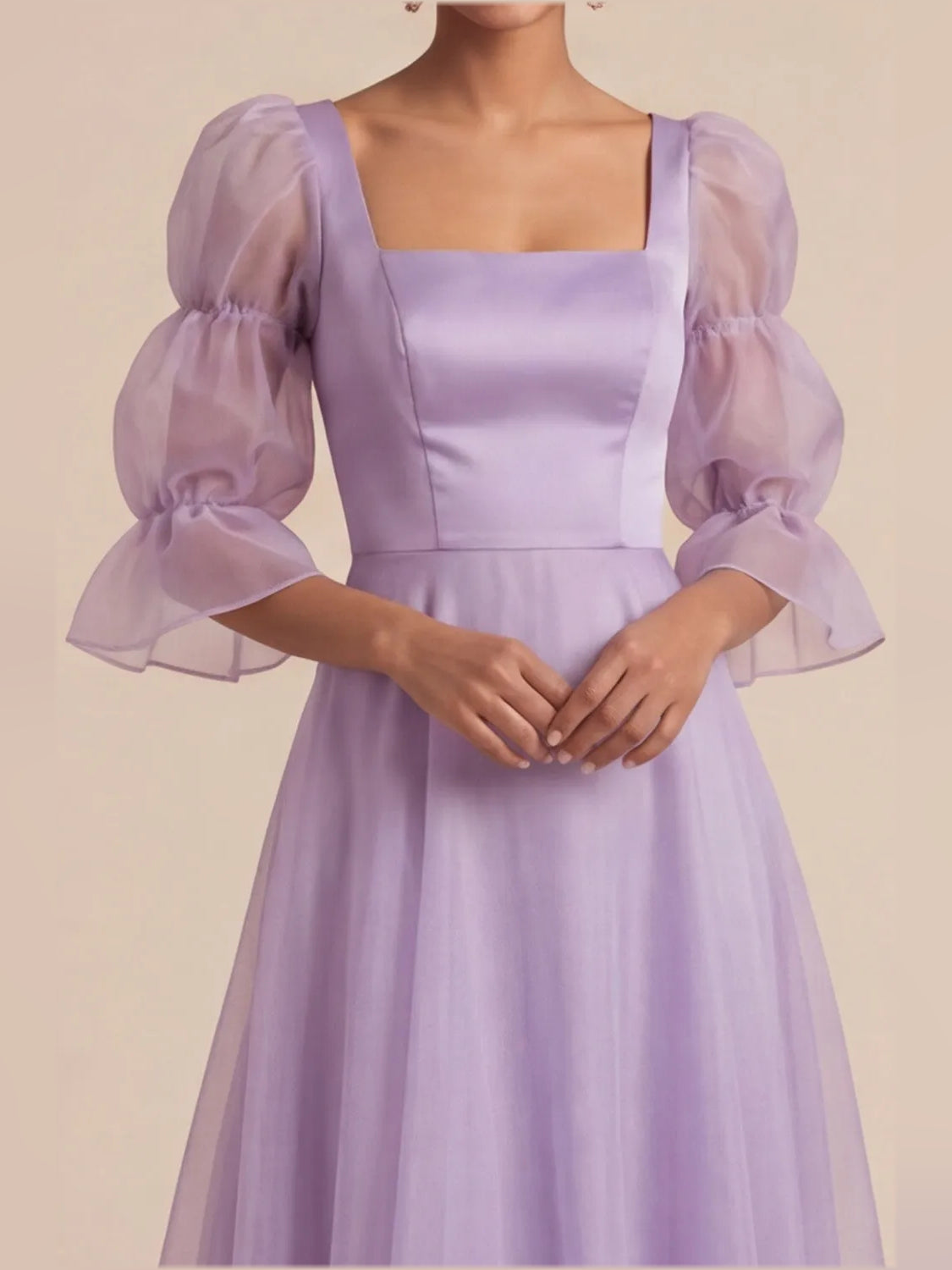 Lilac satin square-neck bodice with puff sleeves and tiered A-line maxi skirt