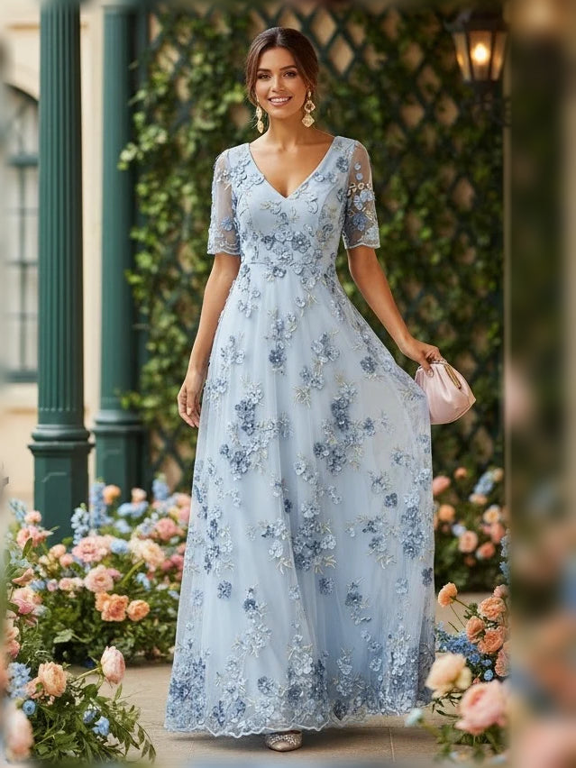 Dusty blue floral embroidered v-neck A-line tulle dress, front view