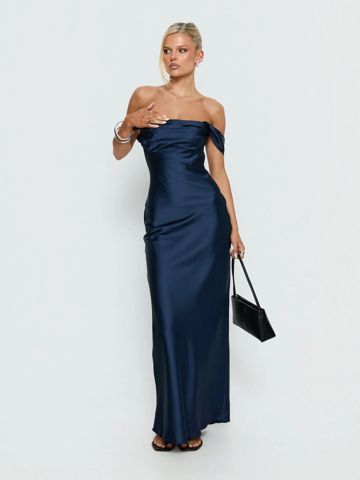 Navy formal dress with a-line detailing