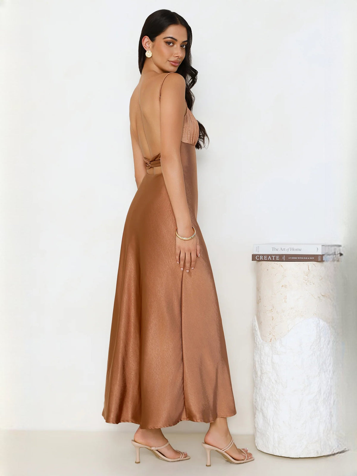 Chocolate a-line midi formal dress with pleated skirt, alternate full-length view showing the waist