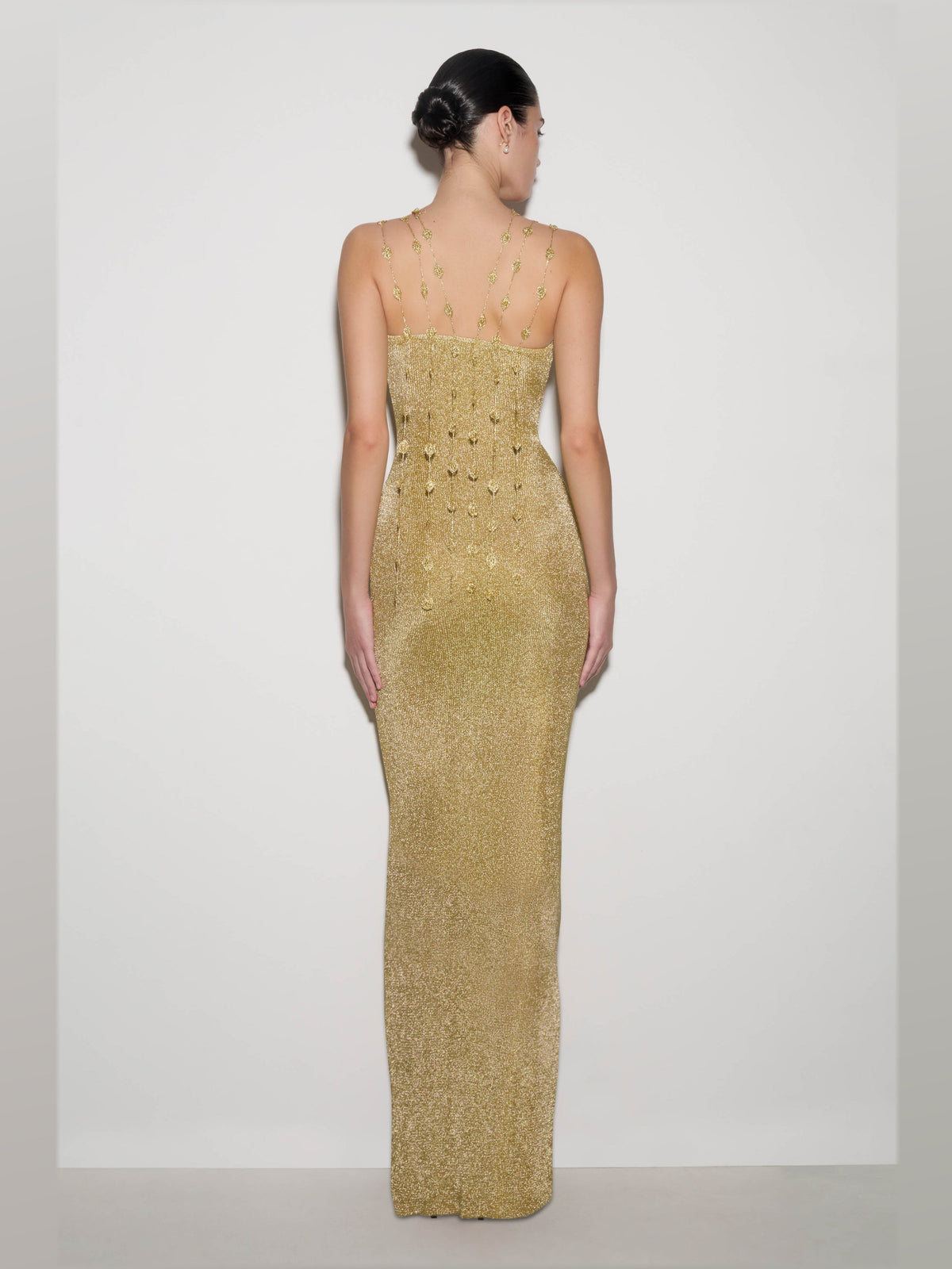 Gold formal dress with a-line detailing