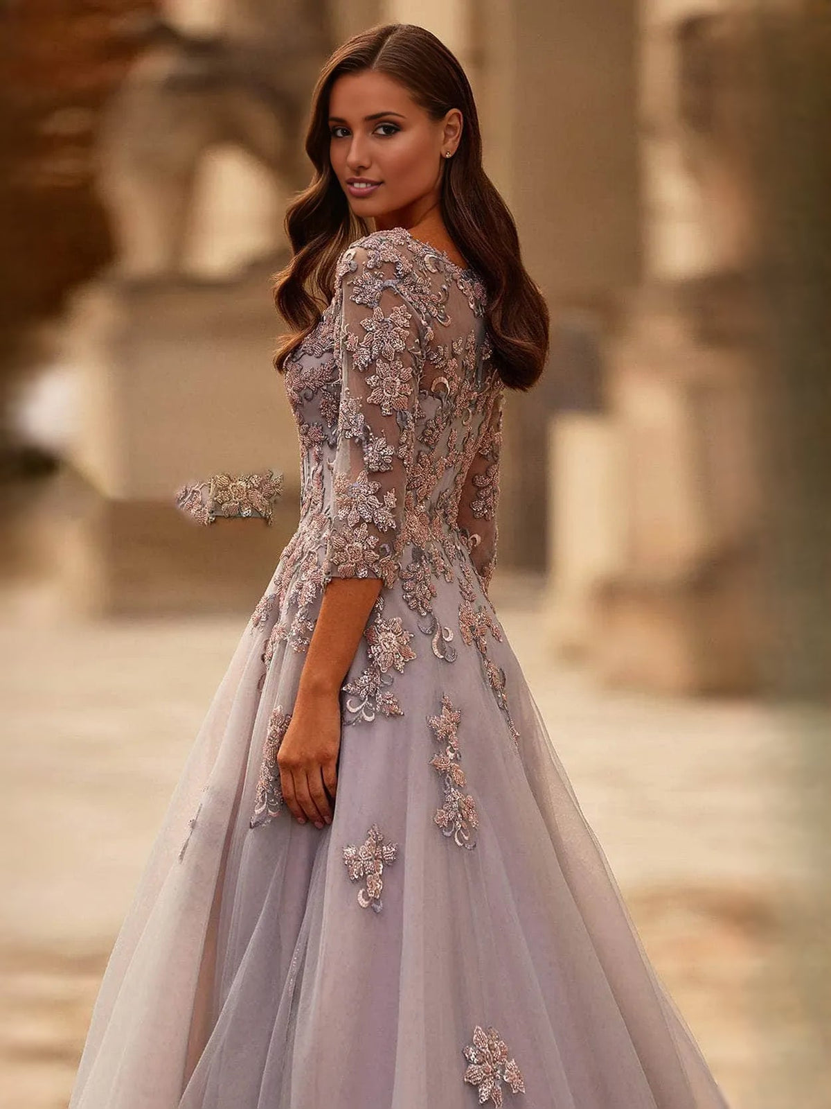 Floor-length floral appliqué formal dress with V neck, sheer sleeves, and lavender skirt