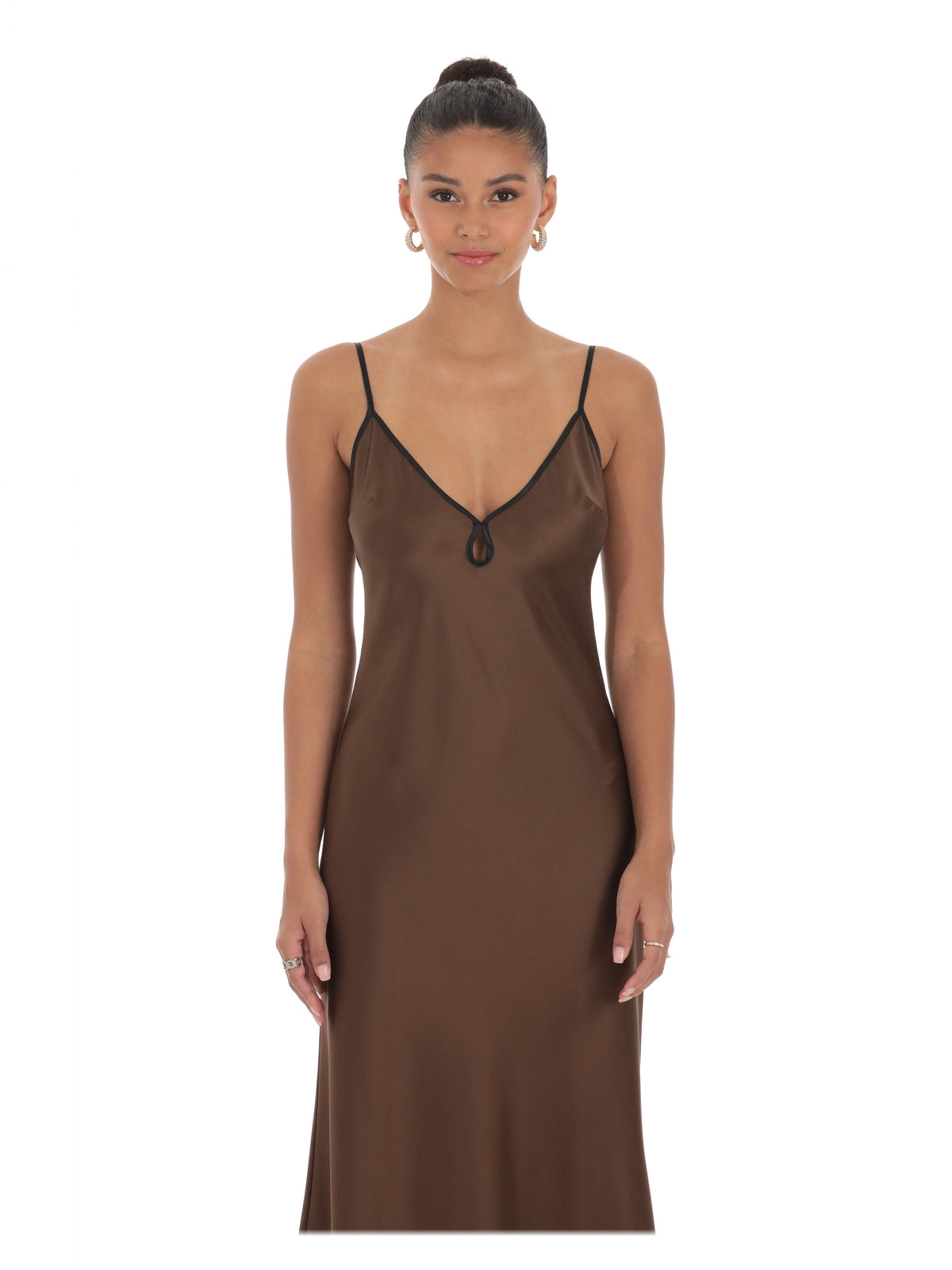 Brown satin maxi bridesmaid dress with spaghetti straps and V-neckline
