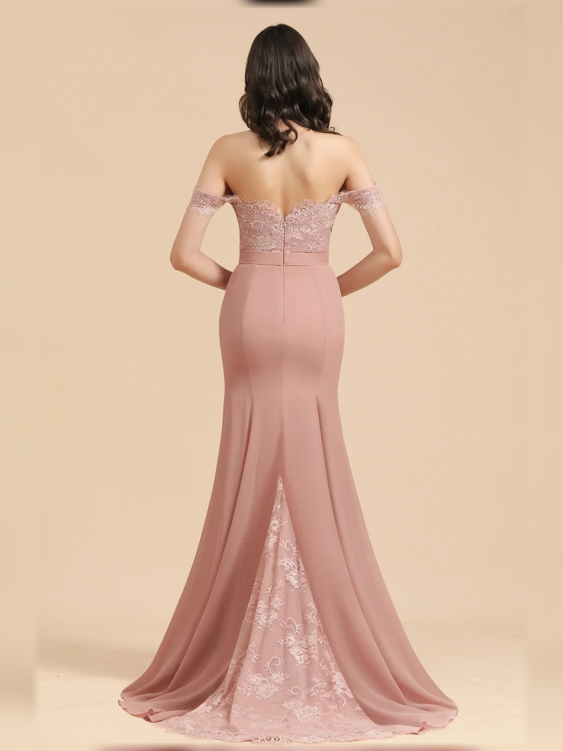 Dusty rose off-shoulder mermaid gown, lace back yoke and floral hemline