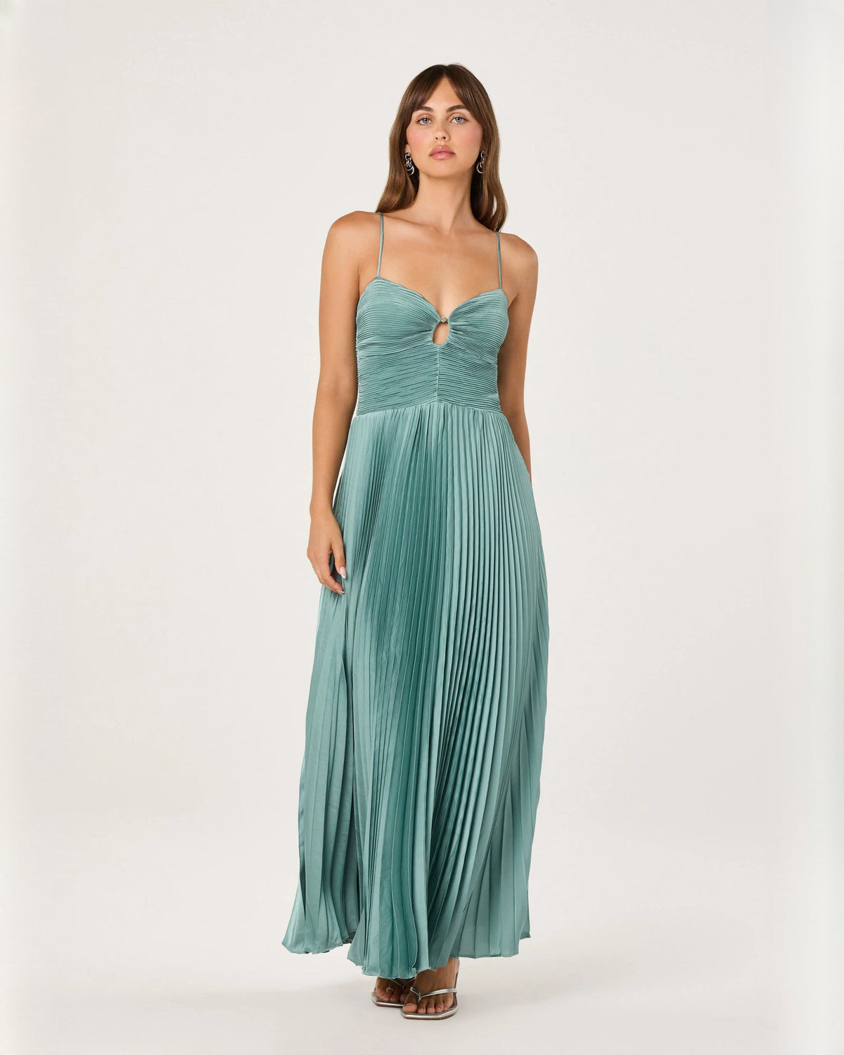Seafoam green chiffon A-line maxi dress with sweetheart neckline and ruched bodice