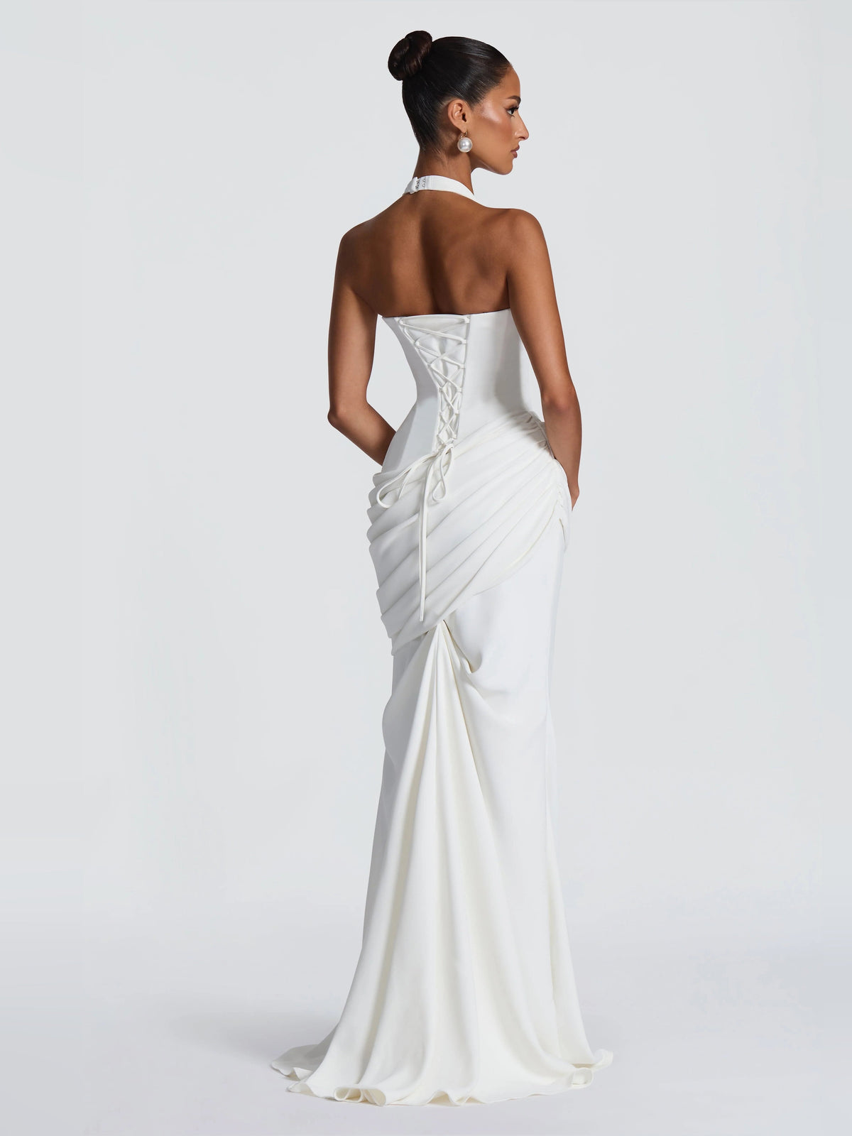 Ivory pleated mermaid wedding dress, draped back panel with ruched waist and train