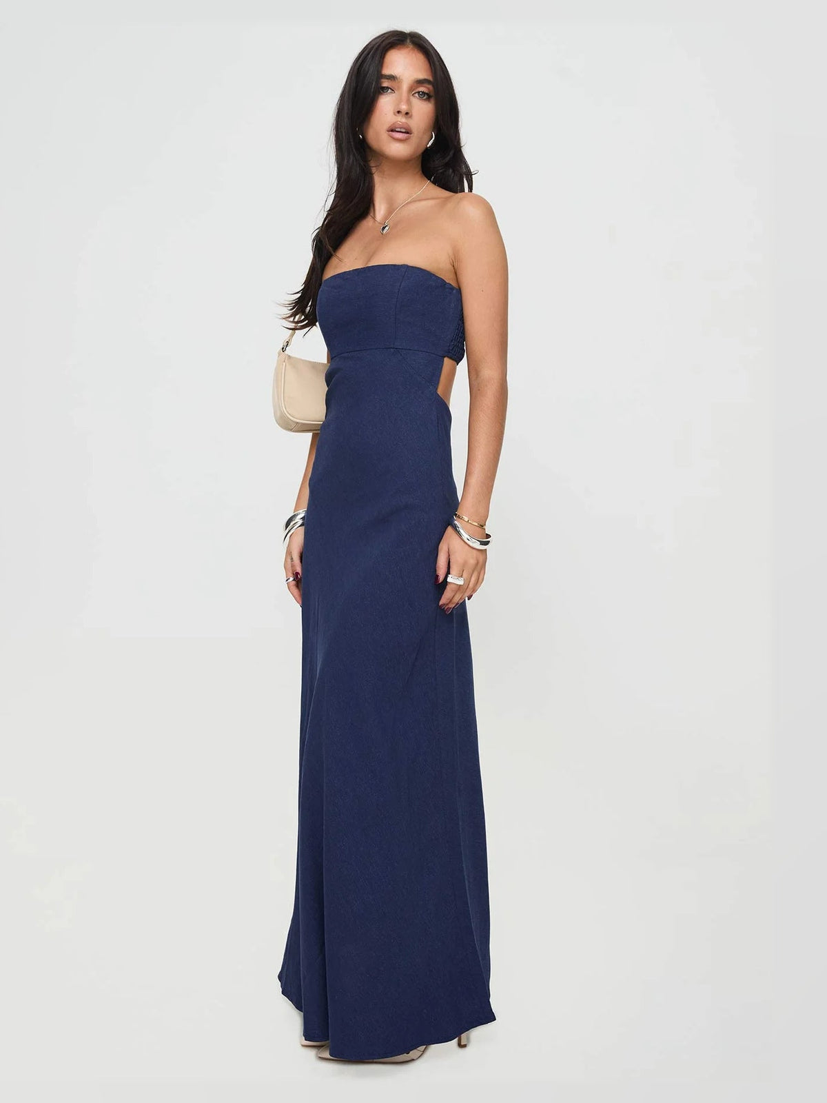 Navy formal dress with a-line detailing