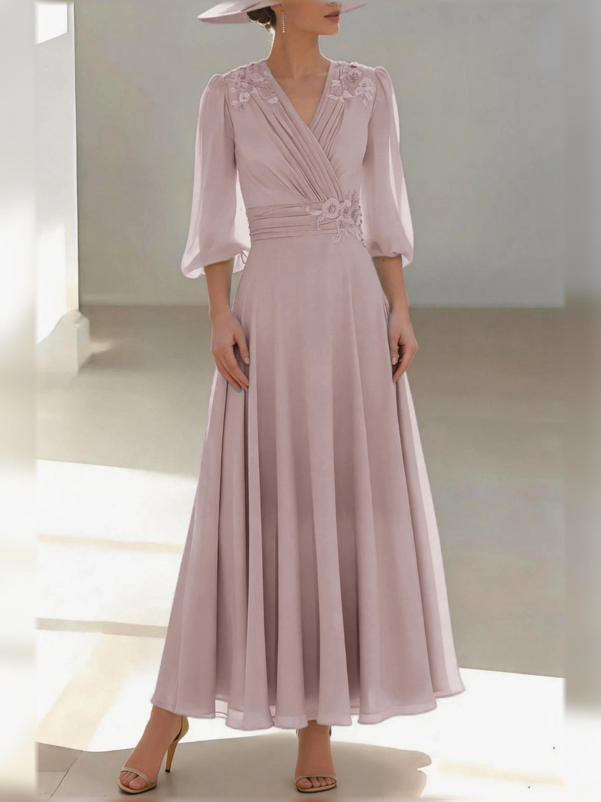 Mauve chiffon V-neck A-line dress with floral applique, 3/4 sleeves, pleated floor-length skirt