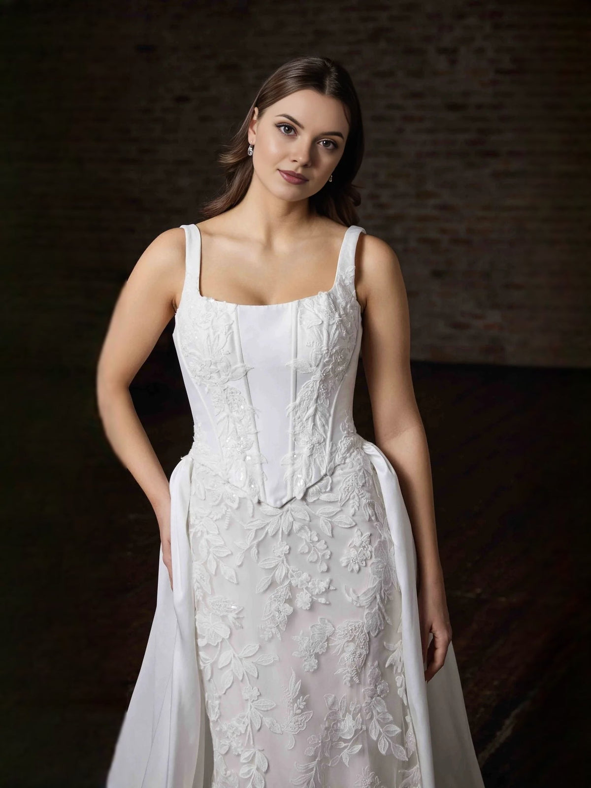 Ivory satin wedding dress with square neck, floral corset bodice, mermaid skirt