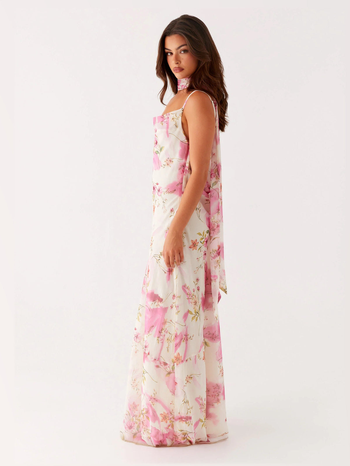 Ivory Floral maxi formal dress, alternate full-length view showing the skirt