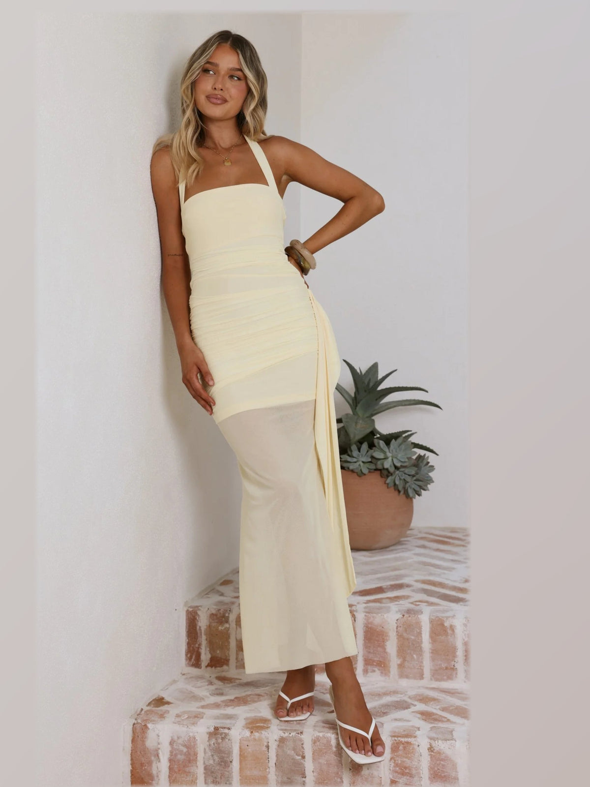 Butter maxi formal dress, alternate full-length view showing the skirt