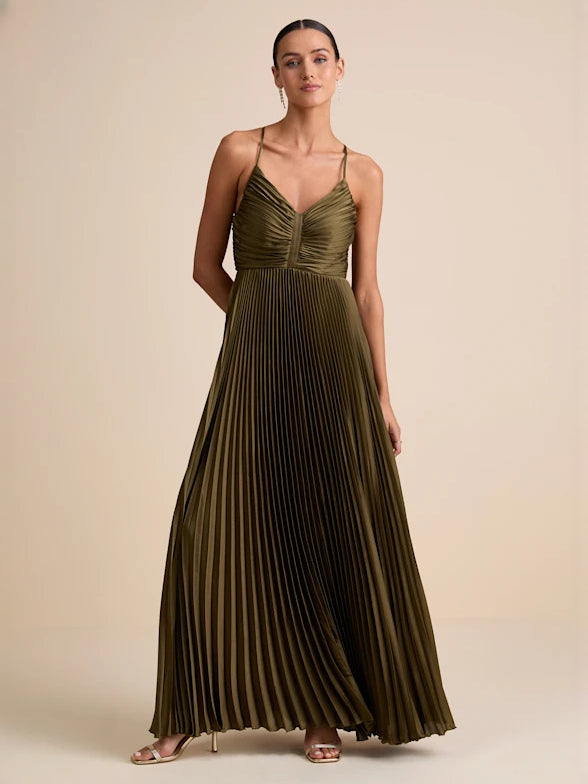 Olive Green a-line maxi formal dress with pleated skirt, alternate full-length view showing the waist