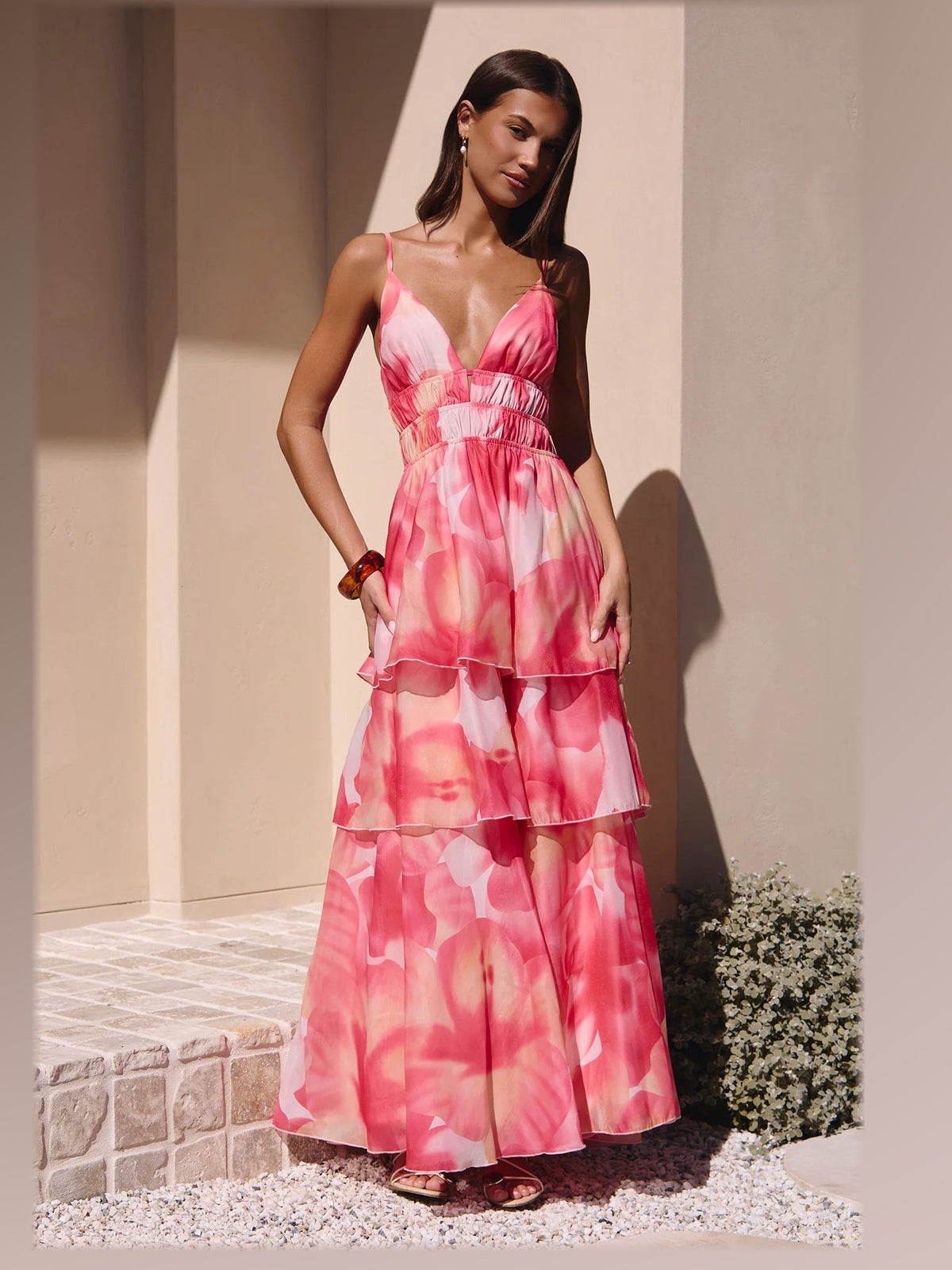 Pink Floral Print maxi formal dress, alternate full-length view showing the skirt