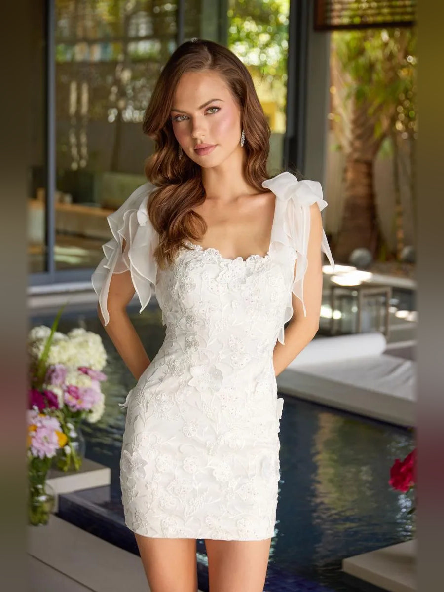 White embroidered backless mini sheath dress with square neckline and tulle bow straps