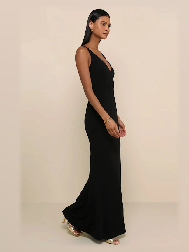 Black maxi formal dress, alternate full-length view showing the skirt