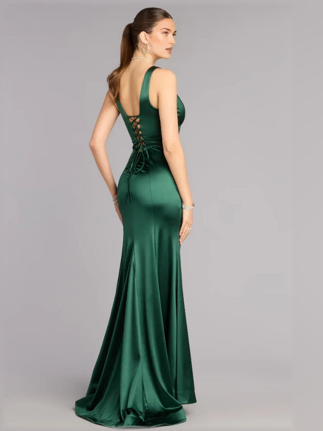 Emerald green satin gown with lace-up back and open back V-neck