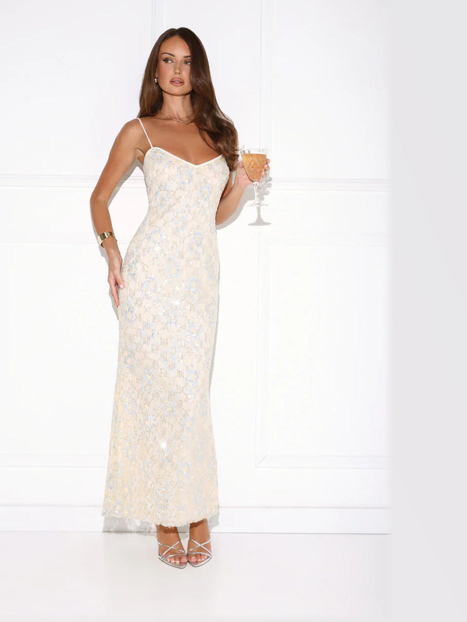 Yellow maxi formal dress, alternate full-length view showing the skirt
