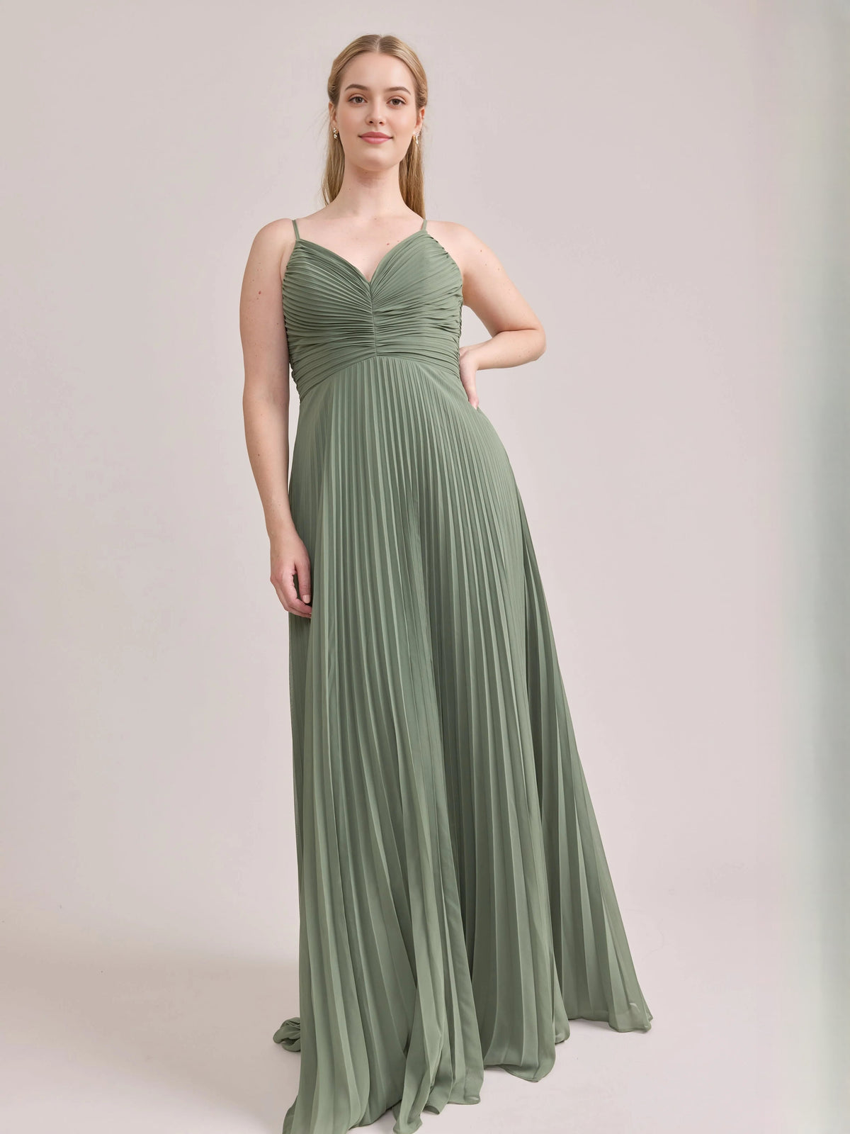 Dusty sage pleated satin corset V-neck maxi A-line dress, sleeveless