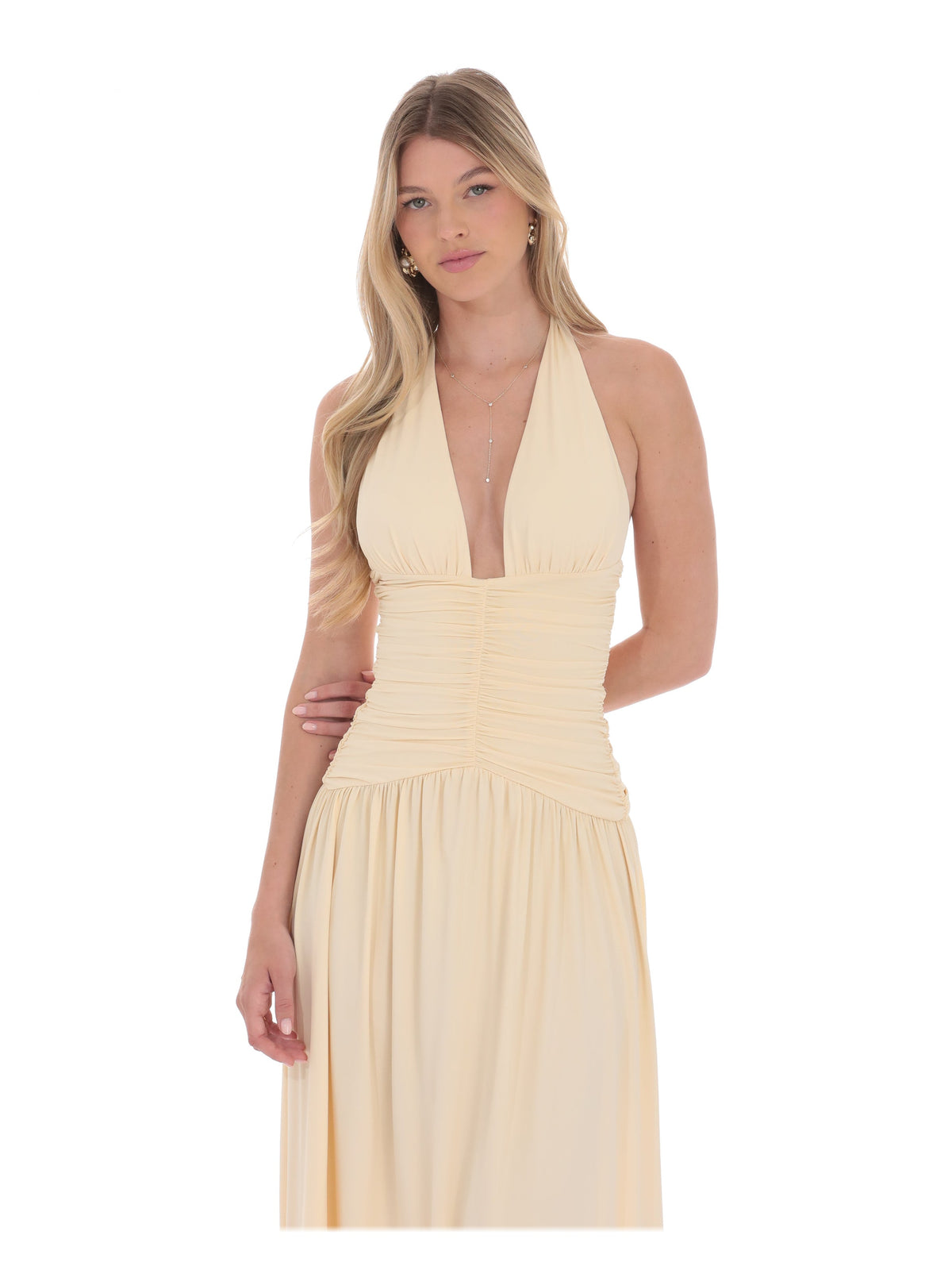 Beige bridesmaid dress with ruched detailing