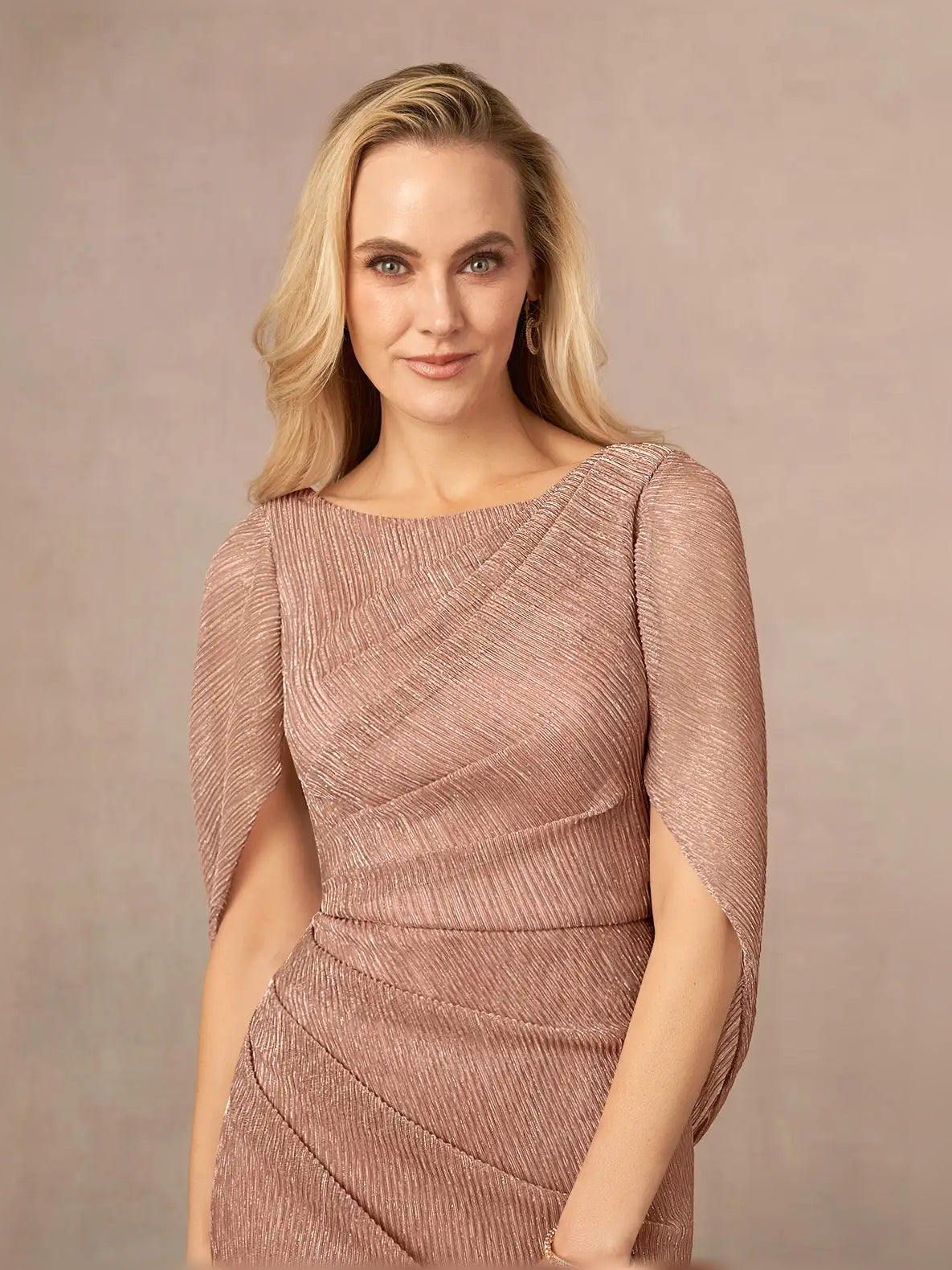 Rose-gold ruched scoop-neck maxi dress with draped waist and short sleeves
