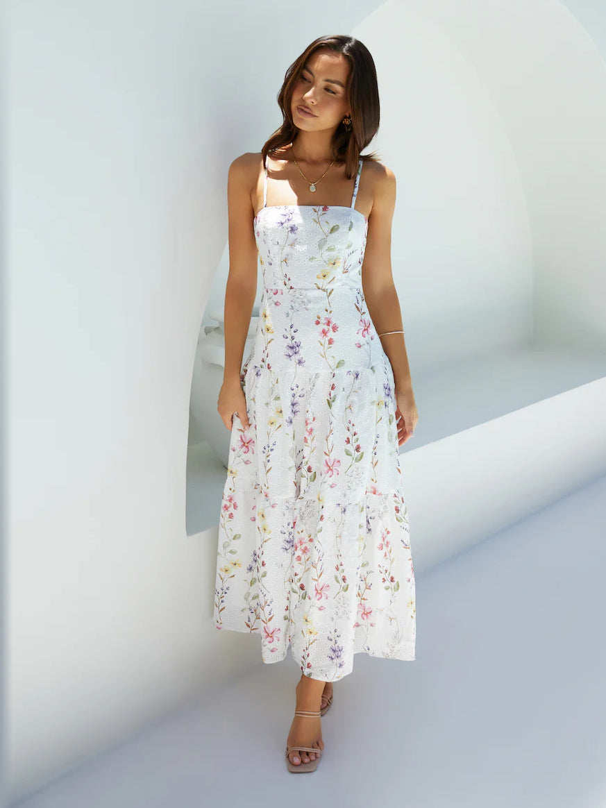 White midi formal dress, alternate full-length view showing the skirt