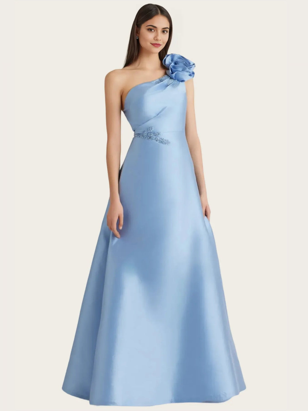 Light blue one-shoulder beaded formal dress with fabric flower shoulder accent