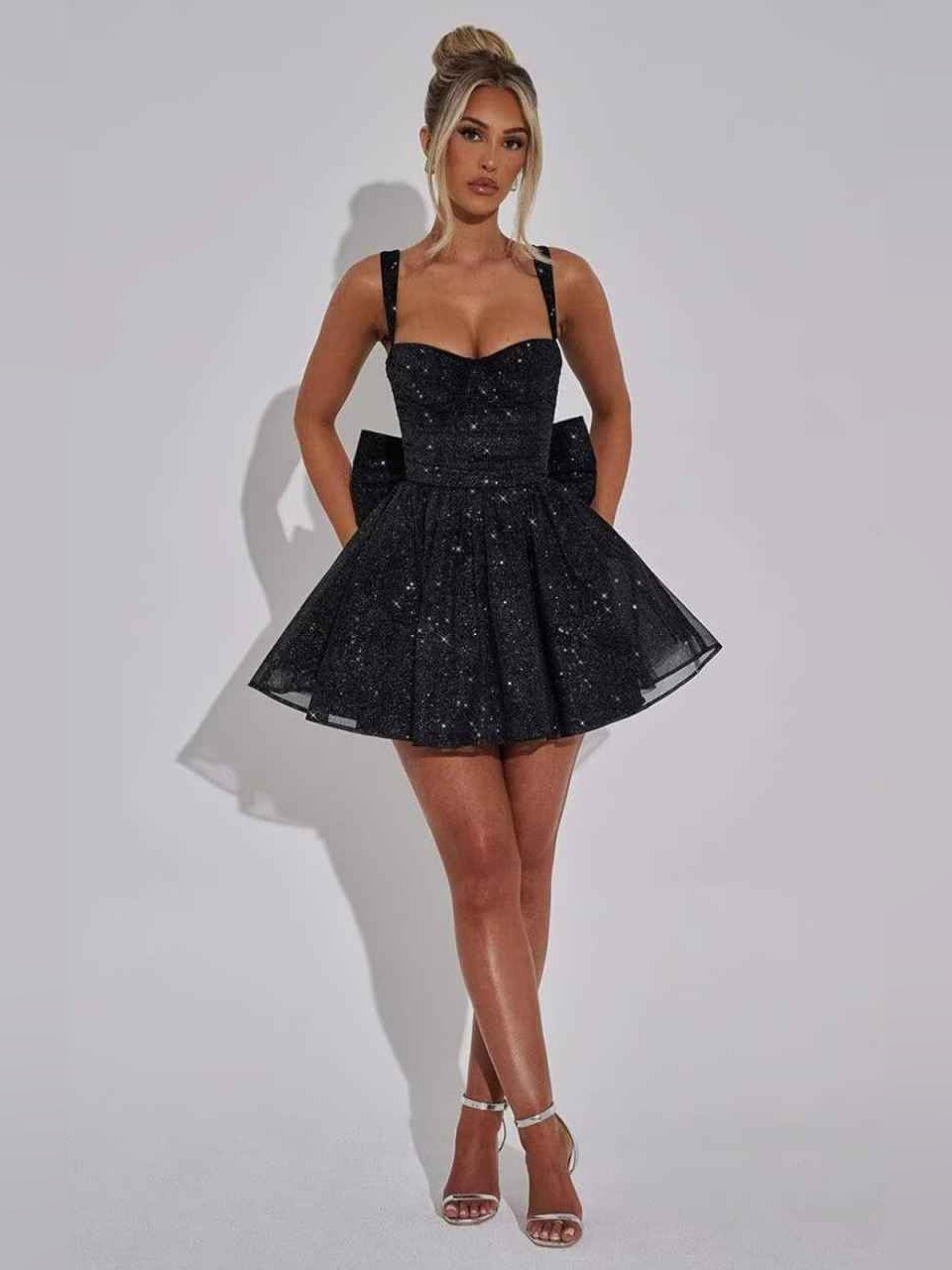 Black sweetheart corset A-line mini dress with sparkling glitter and layered tulle skirt