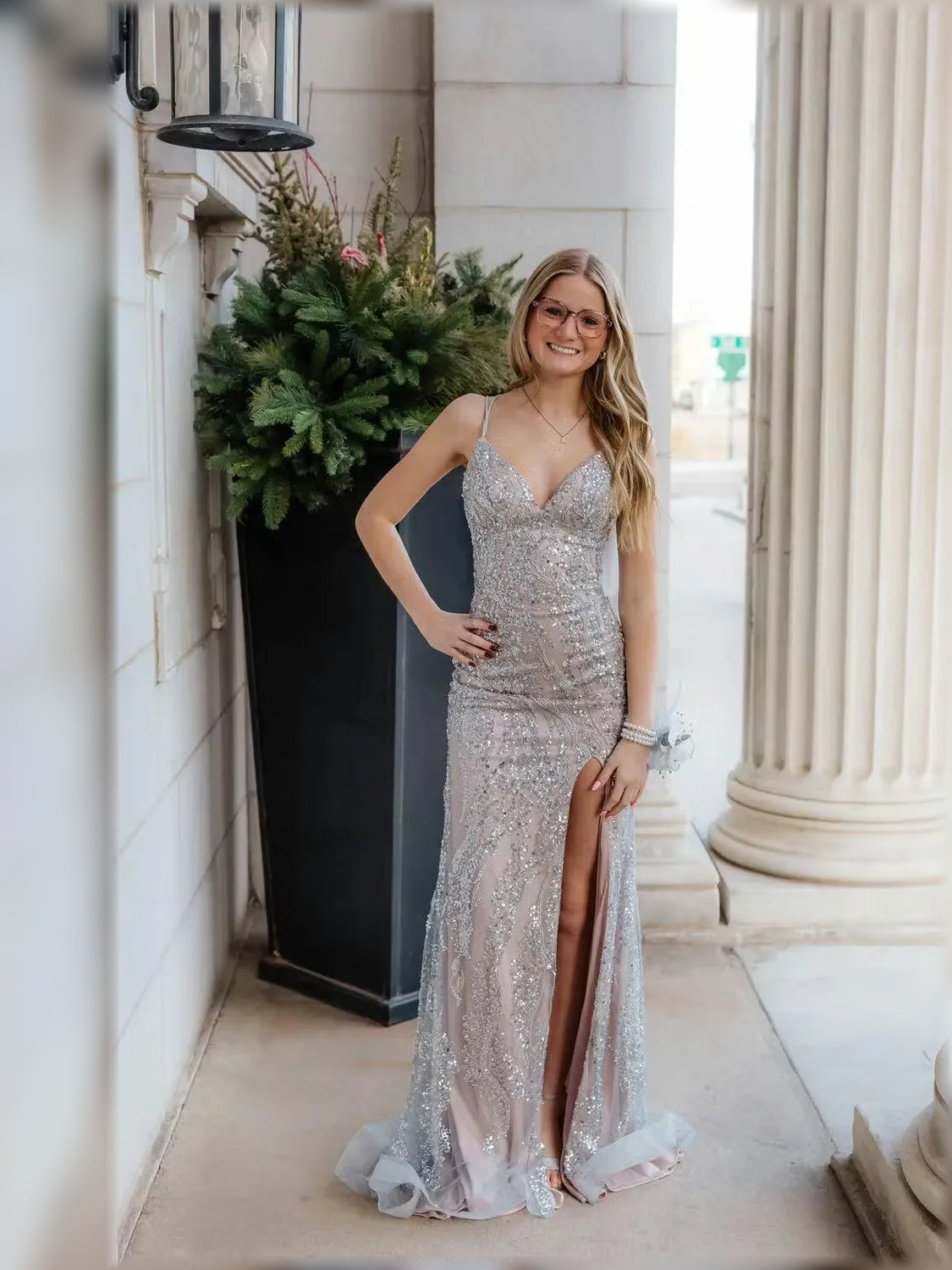 Silver beaded V-neck spaghetti-strap slit floor-length formal dress with side slit