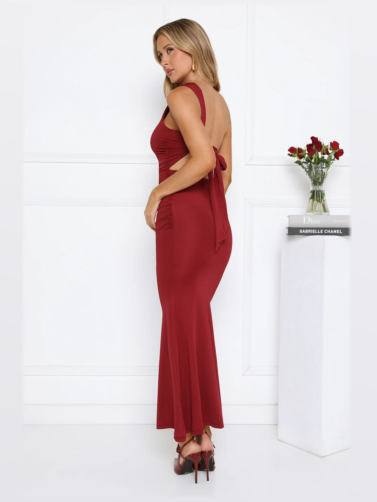 Burgundy maxi formal dress, alternate full-length view showing the skirt