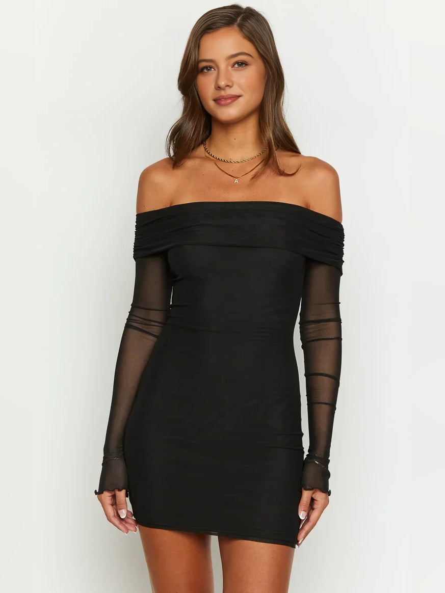 Black off-shoulder bodycon mini dress with long sheer sleeve detailing, close front