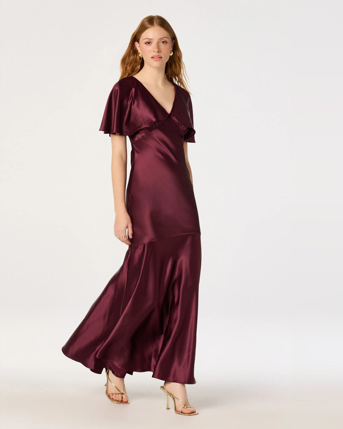 Wine satin A-line maxi dress, V-neck wrap and short sleeves, draped pleat skirt detail