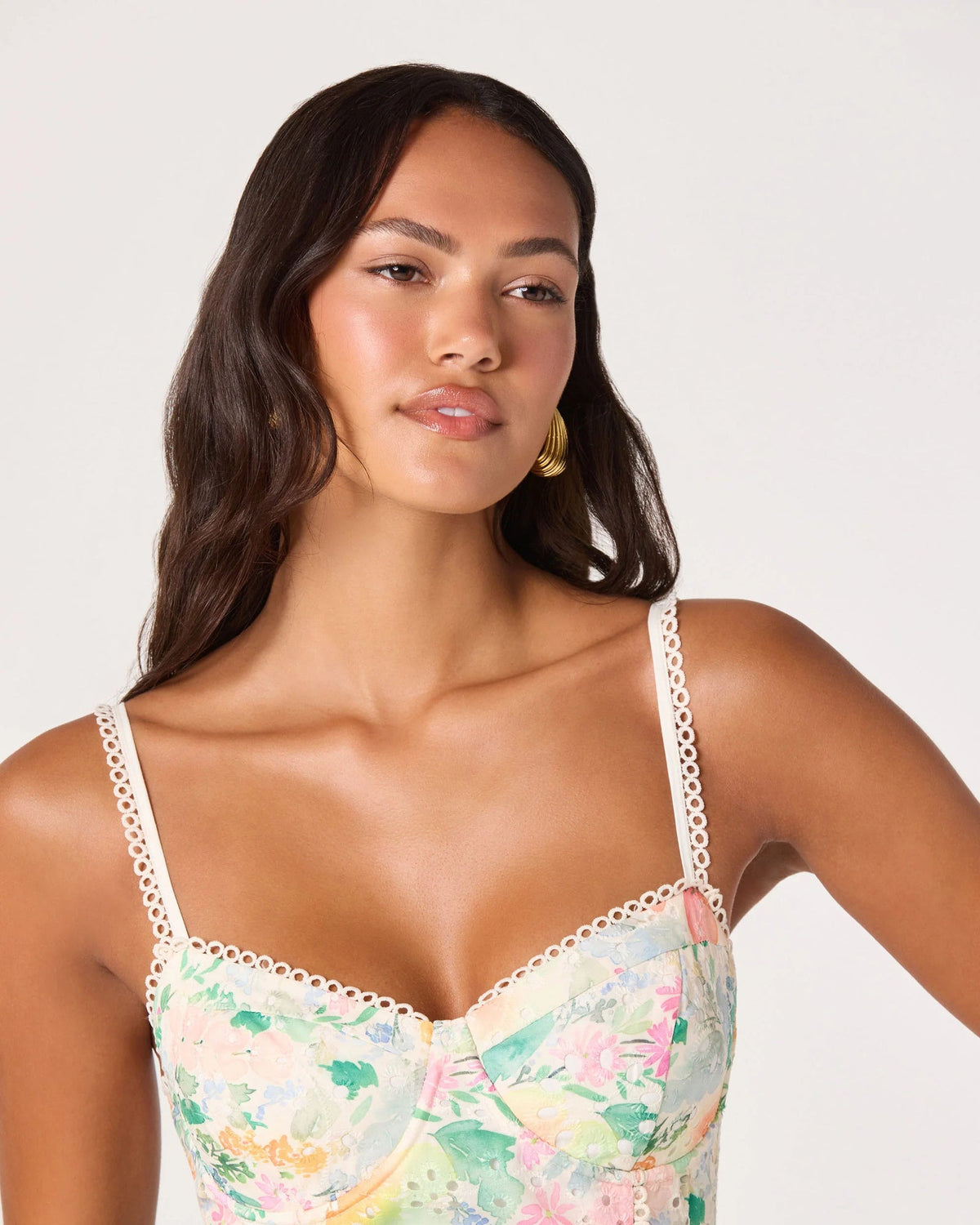Floral sweetheart mini dress detail showing lace-trim neckline and spaghetti straps