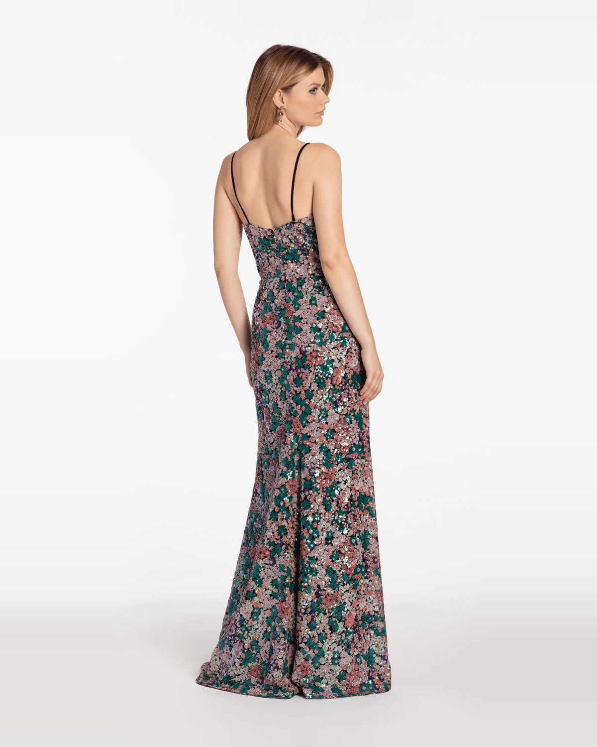 Green sequin column maxi prom dress with plunging neckline and side slit, open back