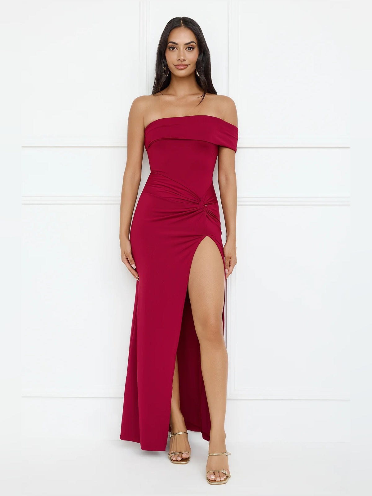 Burgundy sheath maxi formal dress with skirt slit, alternate view showing the waist