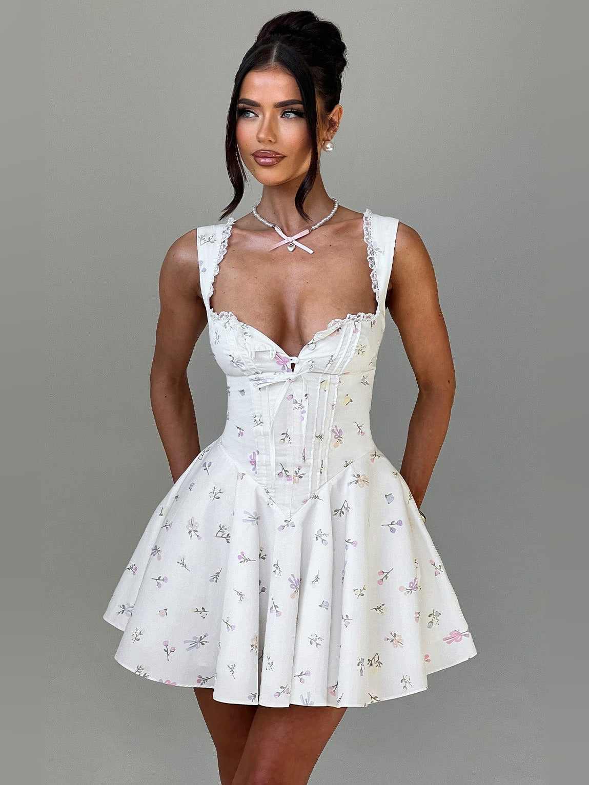 White floral mini homecoming dress, sleeveless lace trim and corset bodice with bow