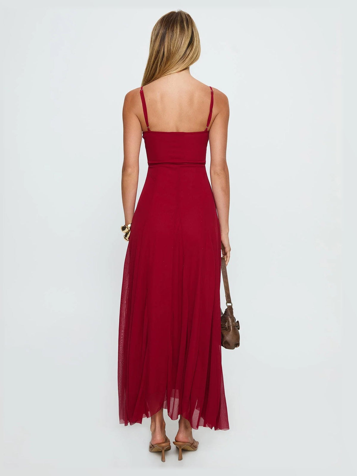Red formal dress with pleated detailing