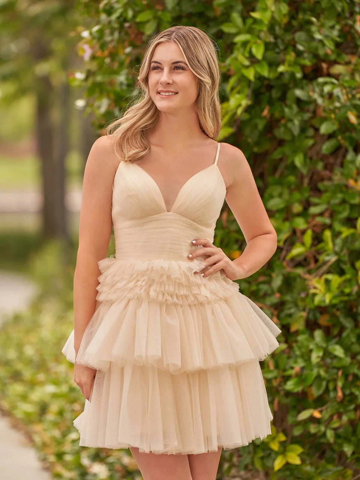 Champagne mini tulle dress with V-neck, spaghetti straps, layered ruffle peplum waist