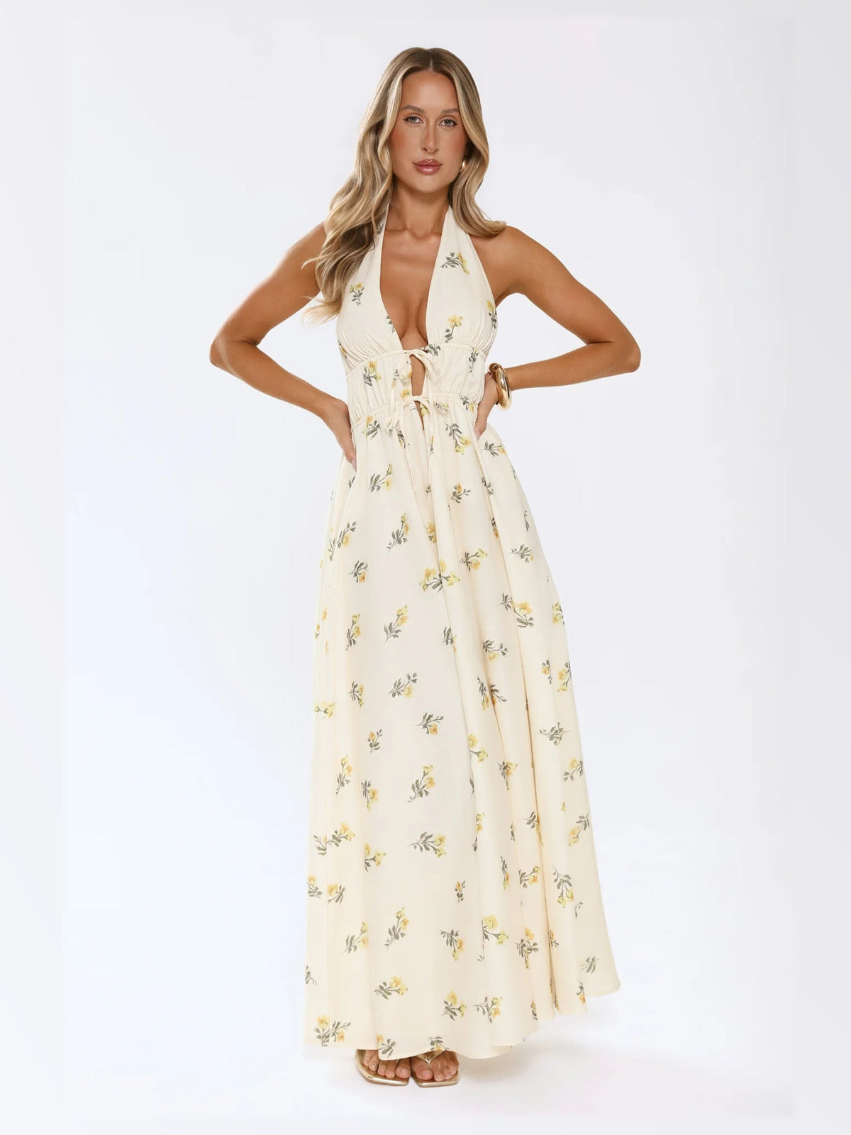 Yellow maxi formal dress, alternate full-length view showing the skirt
