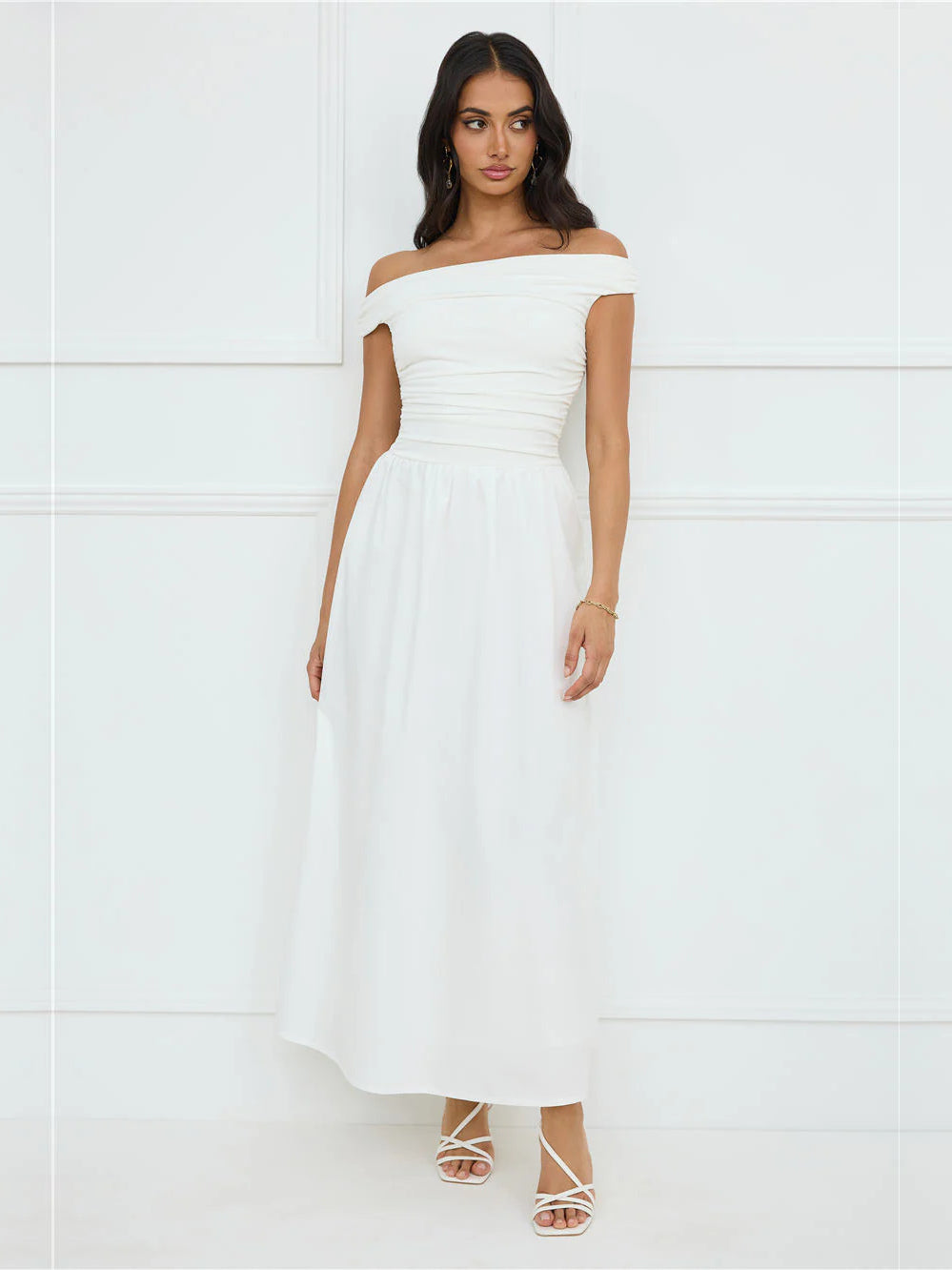 White a-line maxi formal dress with off-the-shoulder neckline, alternate view showing the waist