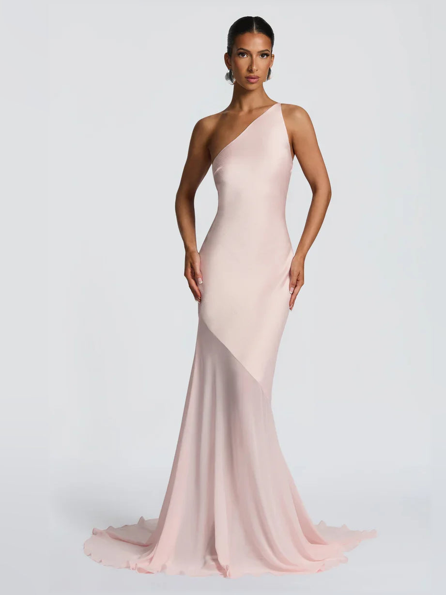 One-shoulder mermaid formal dress in blush pink, floor-length, front with sweep train