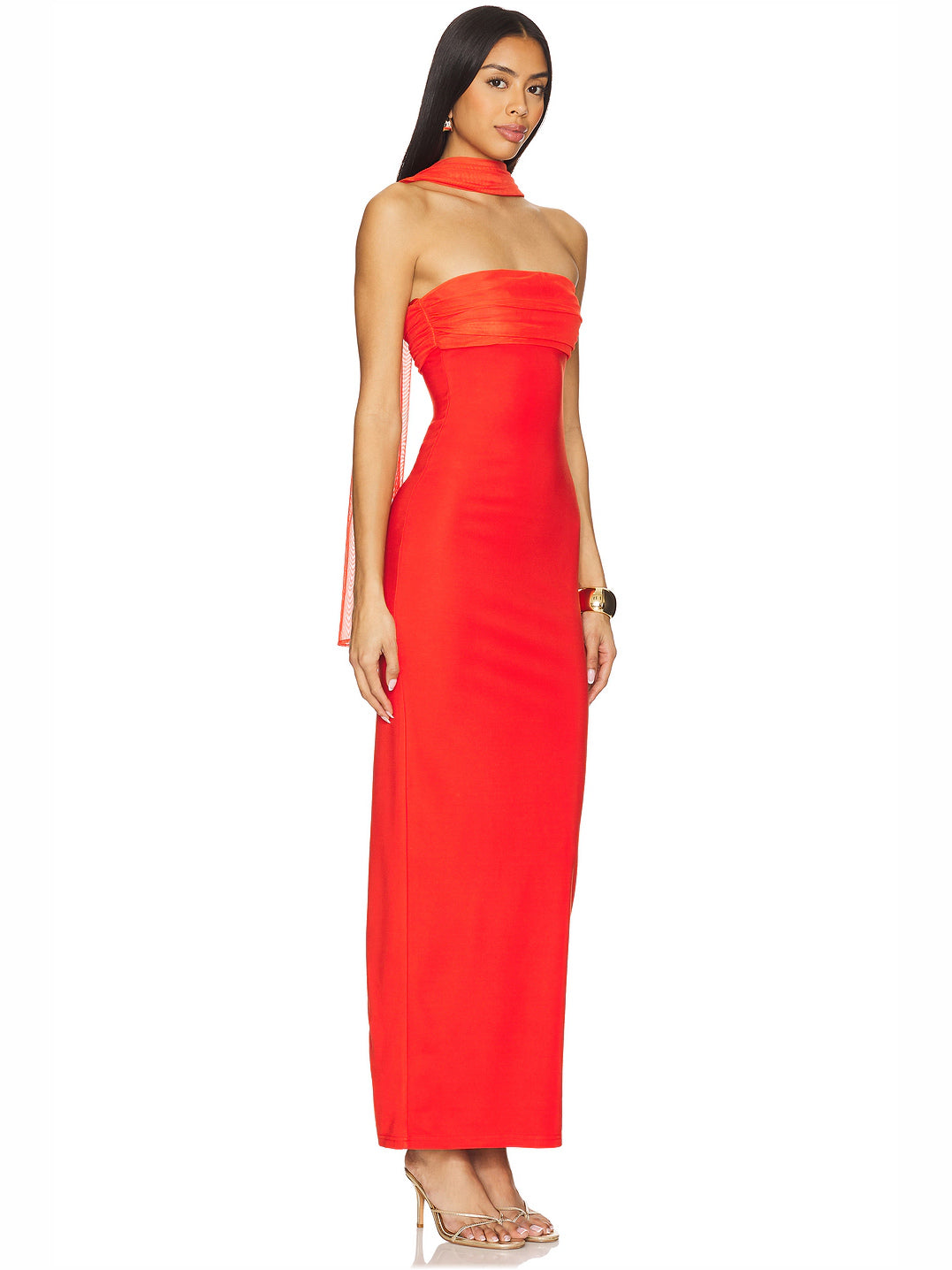 Bright Red sheath maxi formal dress with strapless neckline, alternate full-length view showing the waist
