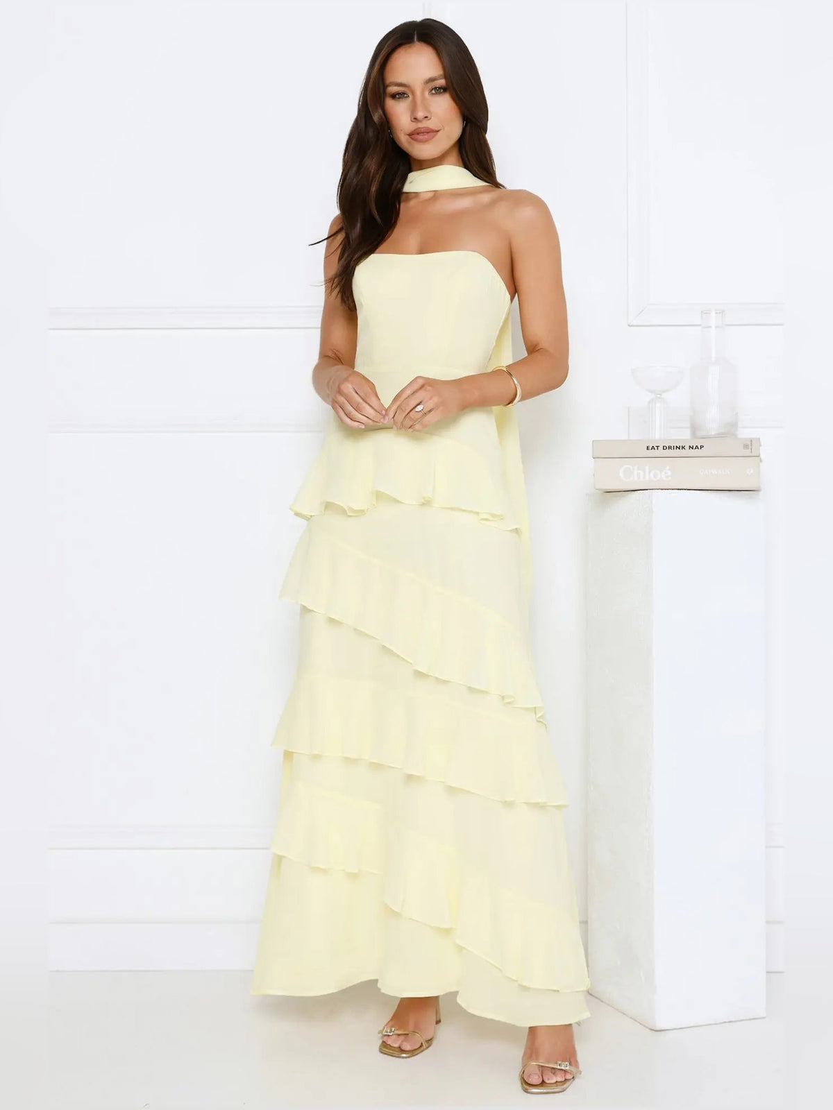 Yellow a-line maxi formal dress with tiered skirt, alternate view showing the waist