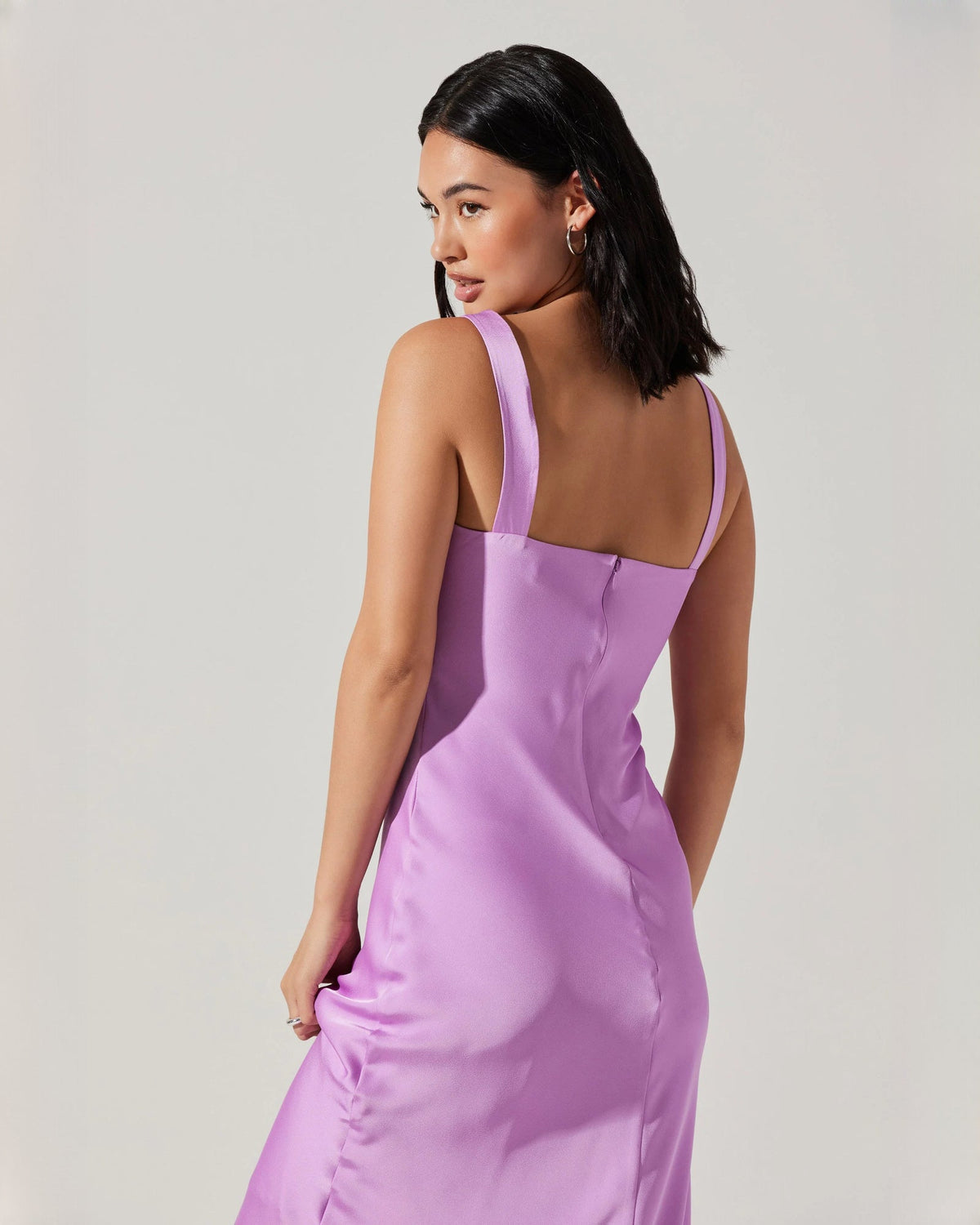 Lilac satin sleeveless A-line maxi dress with open back and square neckline