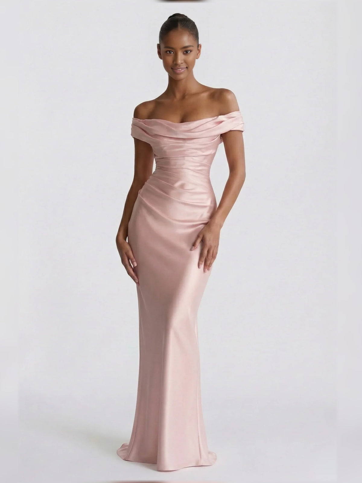 Off-shoulder satin corset formal dress, blush pink, short sleeves, floor-length fit