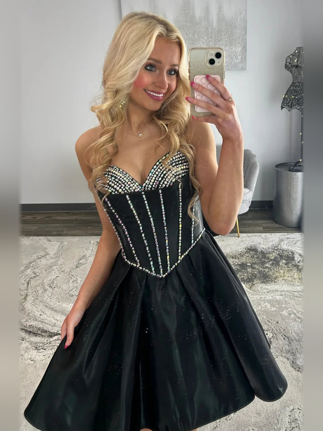 Black sweetheart corset satin dress with crystal trim and structured A-line skirt