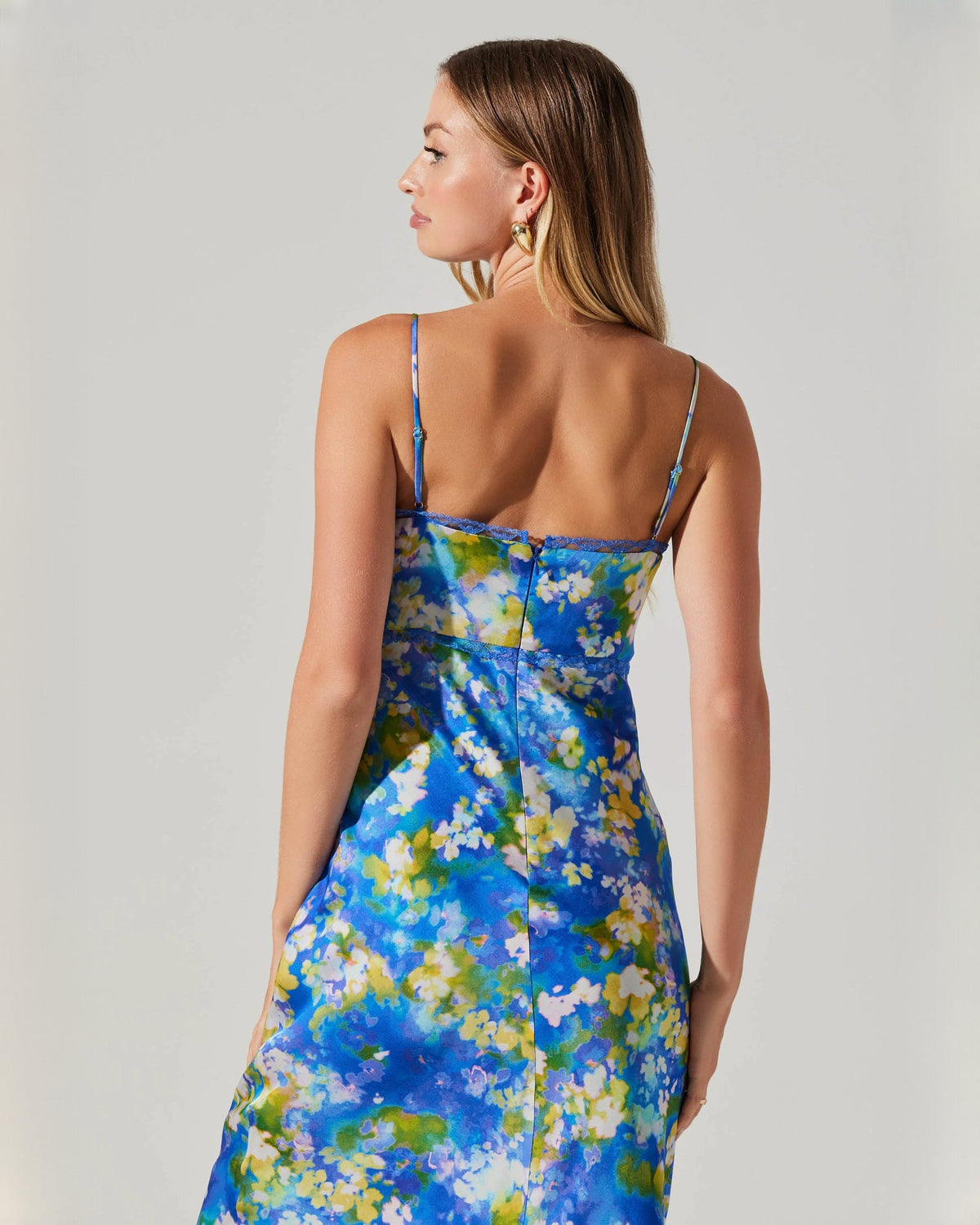 Light blue floral satin maxi dress back view with spaghetti straps