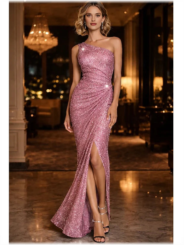 Dusty rose one-shoulder metallic mermaid formal dress with side slit and open back