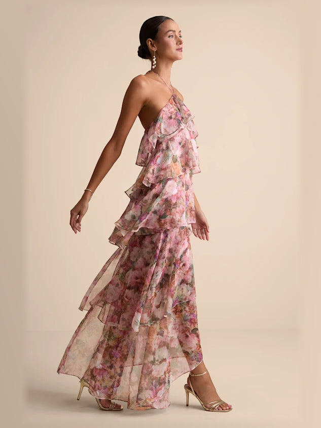 Pink formal dress with tiered detailing