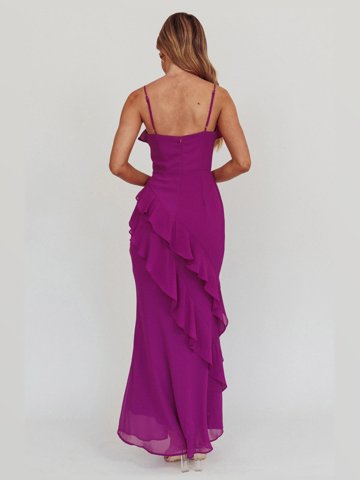 Plum formal dress with ruffled detailing